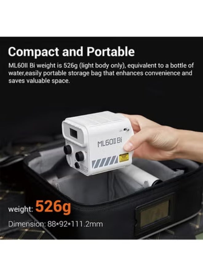 Godox ML60IIBi Bi-Color LED Video Light,70W Portable COB Continuous Output Lighting 2800K-6500K CRI 96+/TLCI 97+,11 FX Effects, APP Control Ultra-Quiet Handheld LED Light with AK-B01 Battery Base - Image 2